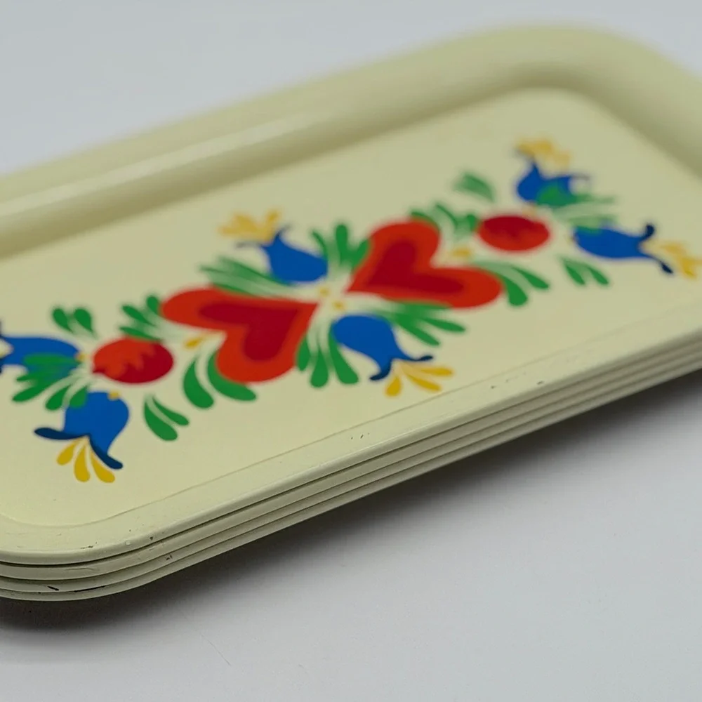 Vintage Scandinavian Folk Art Metal Trays Set of 4 Hearts Tulips Rosemaling MCM